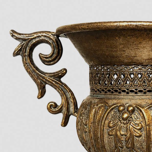 Distressed Pedestal Urn Planter with Ornate Scroll Handles