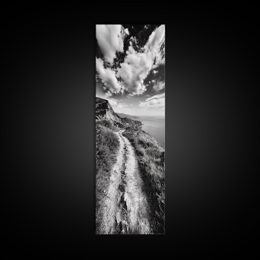 Cliffside Trail View, Path to Sea, Mountain Landscape, Framed Canvas Print, Wanderlust Decor, Office Wall Art, Adventure Travel Aesthetic