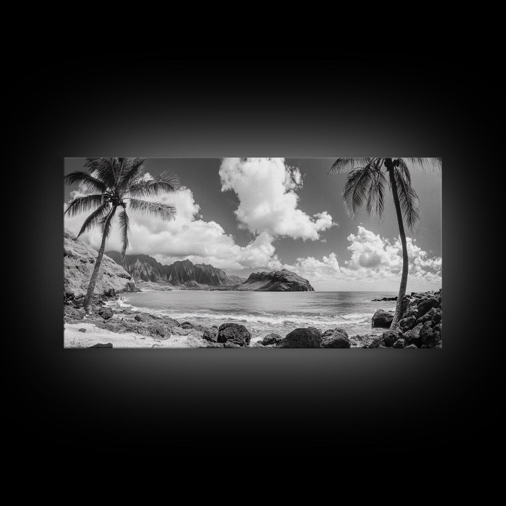 Tropical Beach View, Palm Tree Paradise, Black and White Island, Coastal Wall Decor, Canvas Print, Boho Living Room Art, Office Wall Art