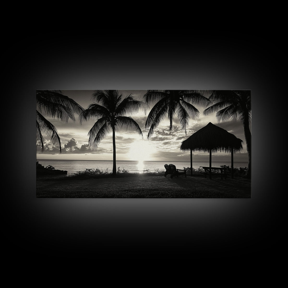 Palm Trees, Beach Sunset, Ocean View, Tiki Hut, Framed Canvas Print, tropical wall art, beach house decor, living room boho art