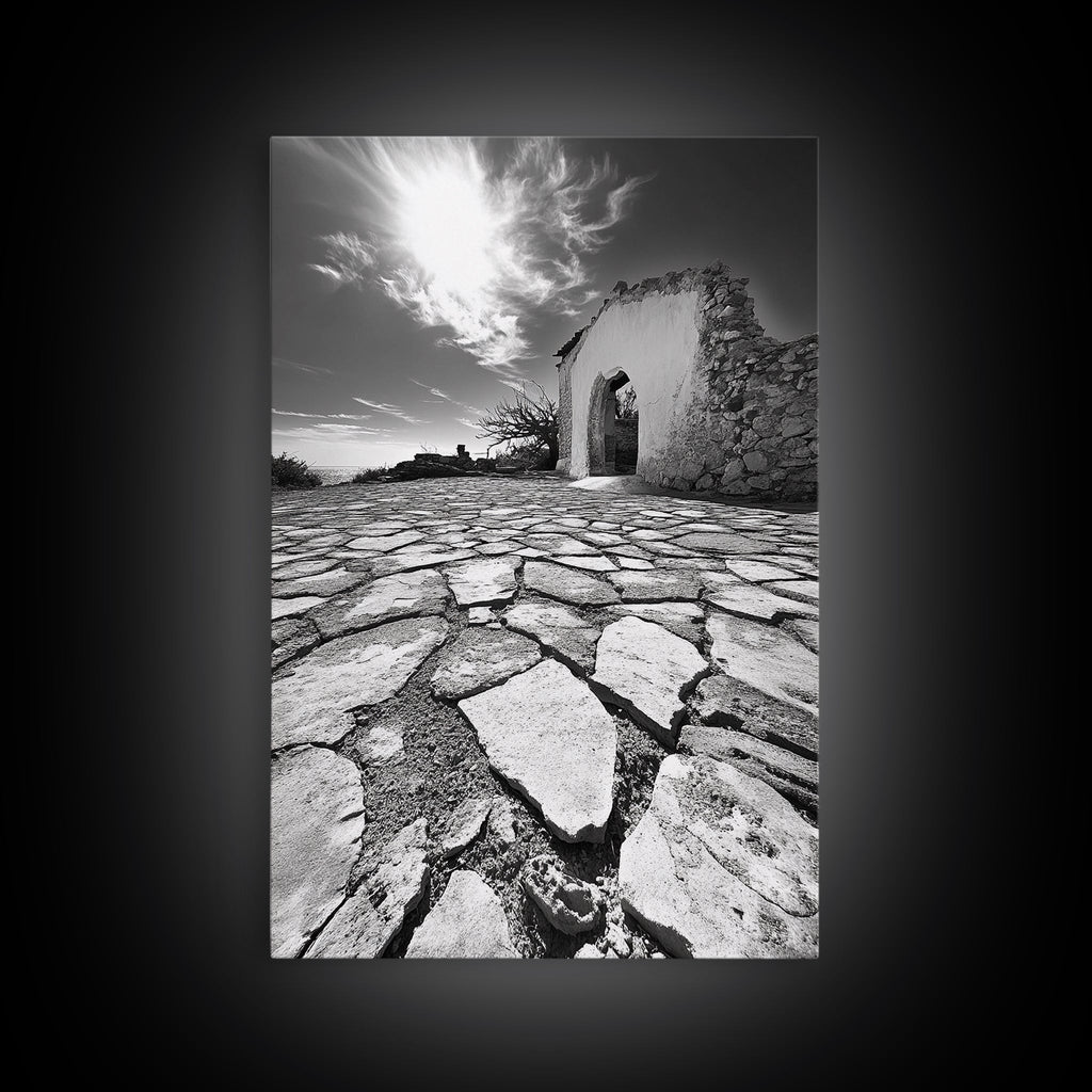 Desert Archway, Stone Ruins, Sunny Sky, Canvas Print, Rustic Travel Wall Art, Mediterranean Decor, Minimalist Earthy Aesthetic