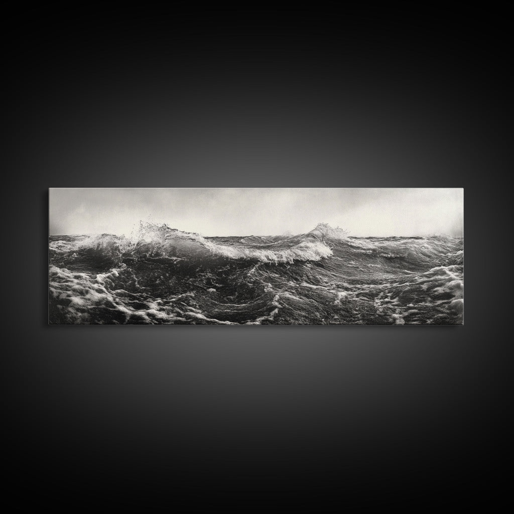 Ocean Wave, Stormy Sea, Black and White Nautical, Framed Canvas Print, Bold Coastal Art, Living Room Wall Art, Marine Photography
