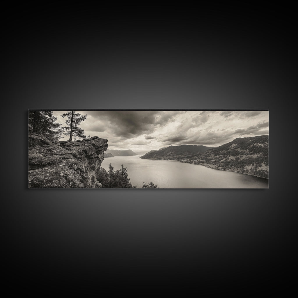 River Cliff View, Forested Mountains, Timeless Horizon, Framed Canvas Print, Living Room Wall Art, Cabin Rustic Decor, Moody Nature Art