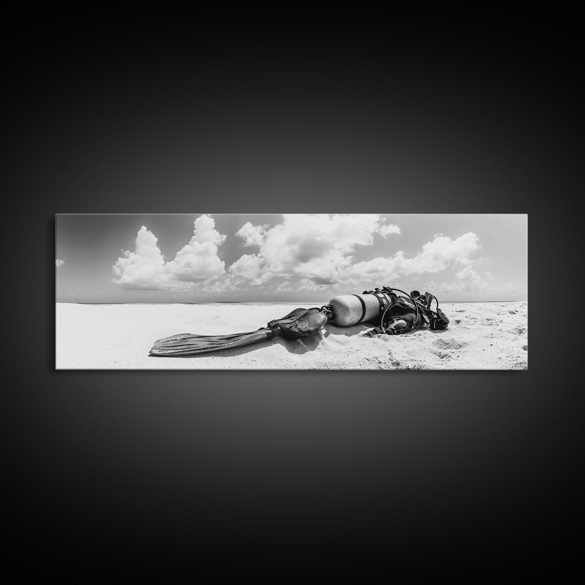 Scuba Gear, Deserted Beach, Ocean Explorer, Framed Canvas Print, minimalist beach decor, scuba diver gift, ocean wall art, travel lover art