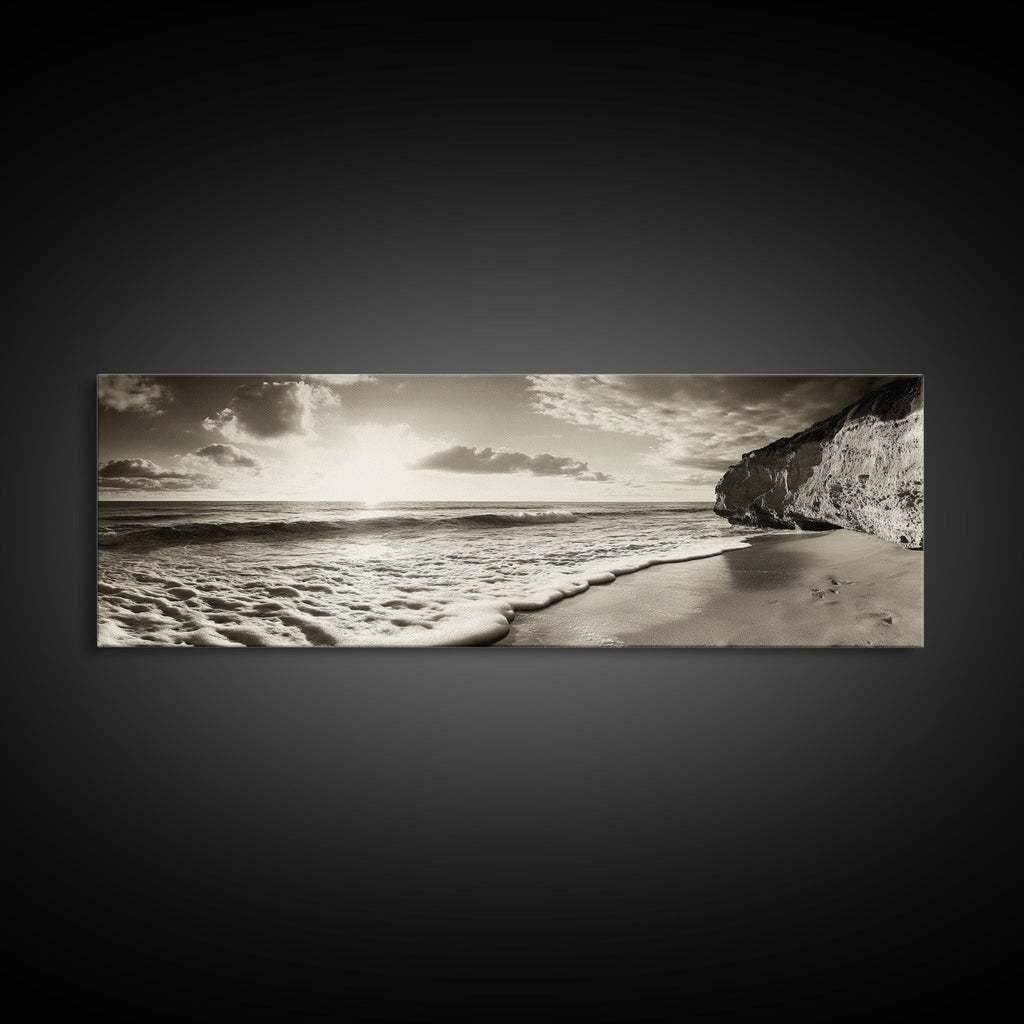 Cliff Coastline, Ocean Sunset, Beach Waves, Framed Canvas Print, seascape wall art, coastal bedroom decor, relaxing nature vibe, neutral art
