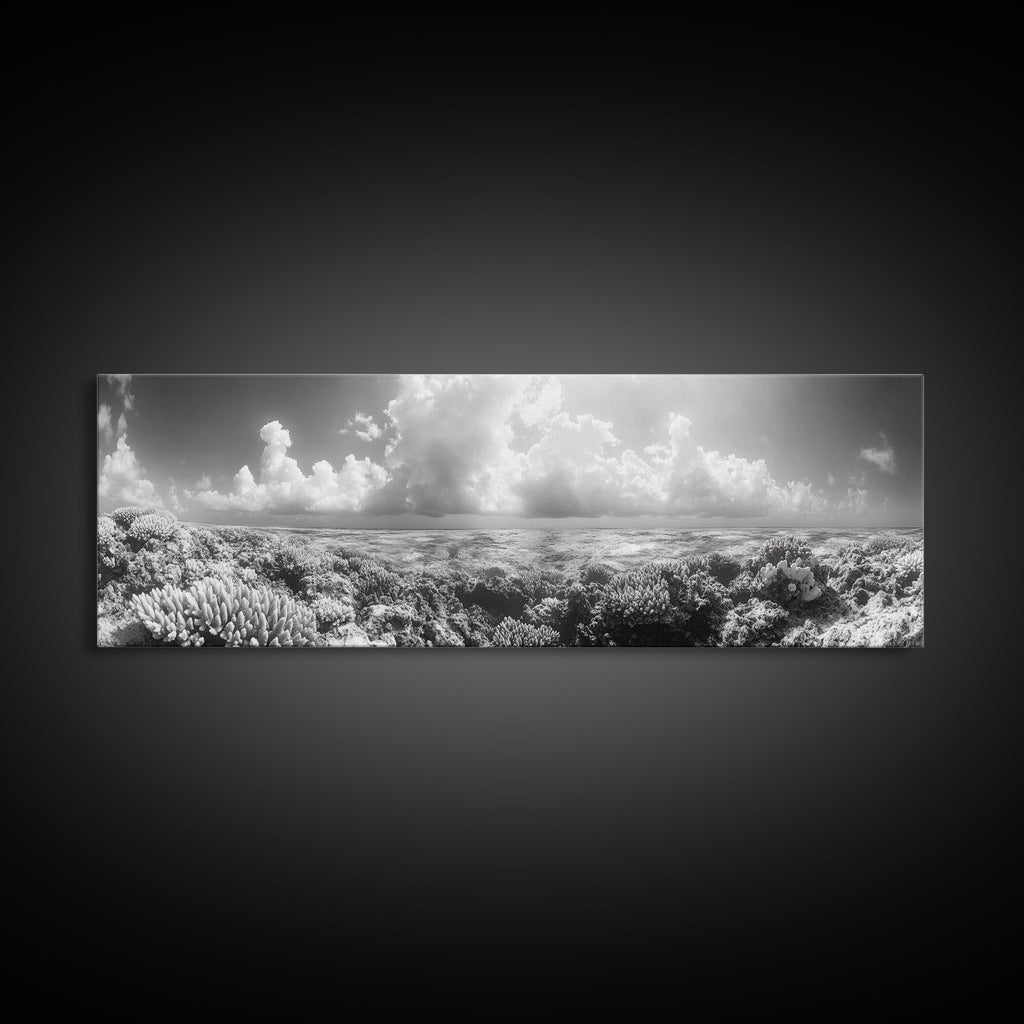 Coral Reef, Ocean Horizon, Cloudscape, Canvas Print, Underwater Nature Photography, Bathroom Wall Art, Marine Coastal Decor
