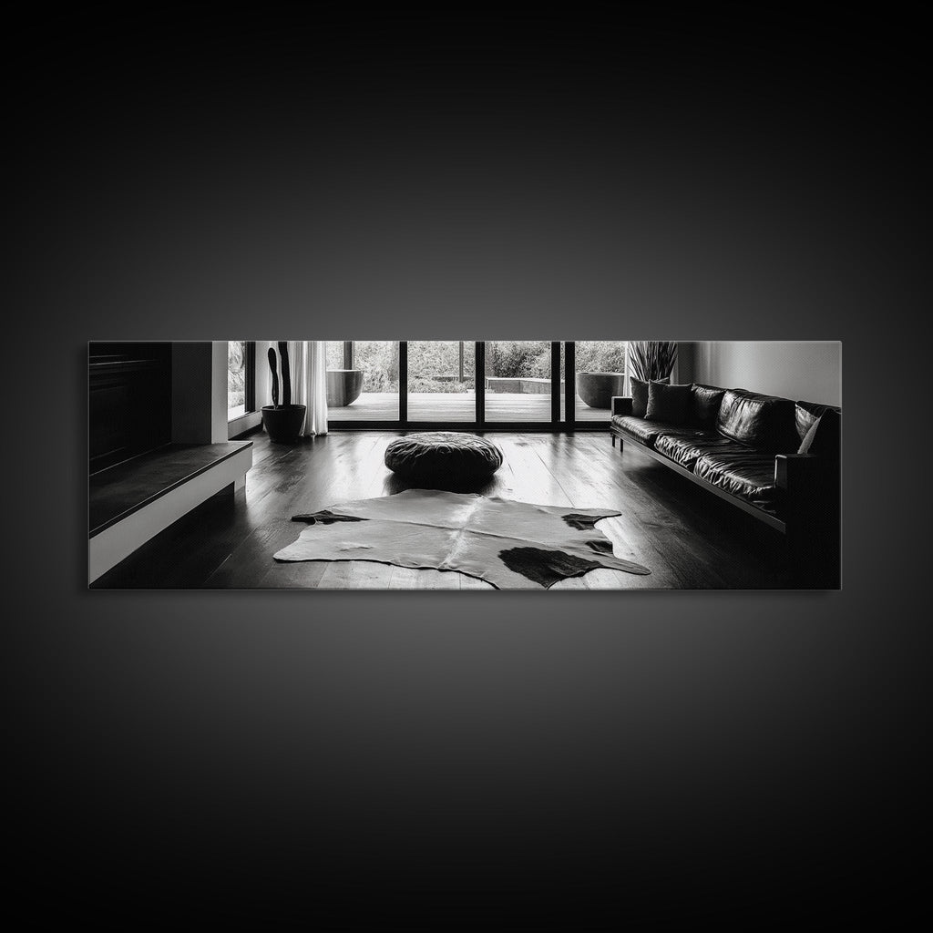 Modern Living, Minimalist Decor, Cowhide Rug, Framed Canvas Print, Neutral Aesthetic Wall Art, Luxury Living Room Design Accent