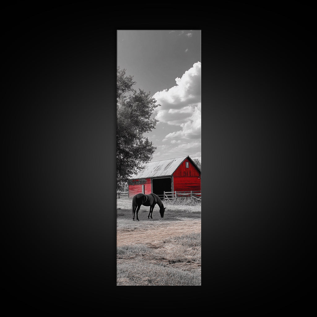 Red Barn, Black Horse, Country Charm, Rustic Farm Framed Canvas Print, farmhouse wall decor, autumn art, rustic bedroom wall art
