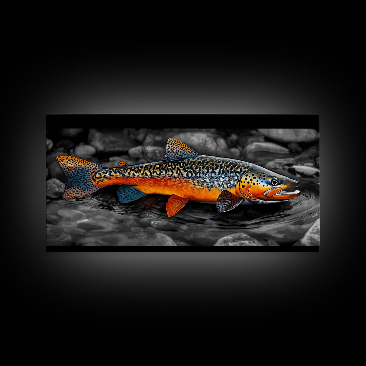 Rainbow Trout, Colorful Fish, Bold Patterns, River Stream – Framed Canvas Print, Fishing Wall Art, Cabin Decor, Rustic Wildlife