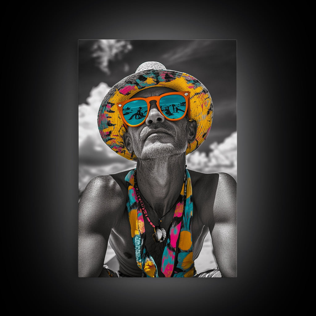 Beach Guy Portrait, Summer Sunglasses, Boho Vibe, Framed Canvas Print, Surf Shack Decor, Eclectic Wall Art, Travel Inspired Design