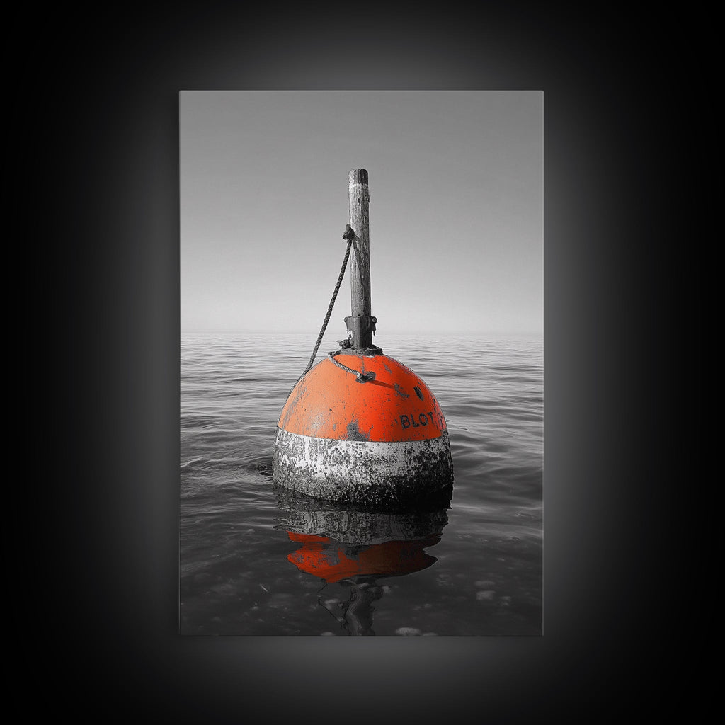 Ocean Buoy, Red Marker, Maritime Minimalism, Canvas Print, Coastal Bathroom Art, Nautical Wall Decor, Marine Industrial Aesthetic
