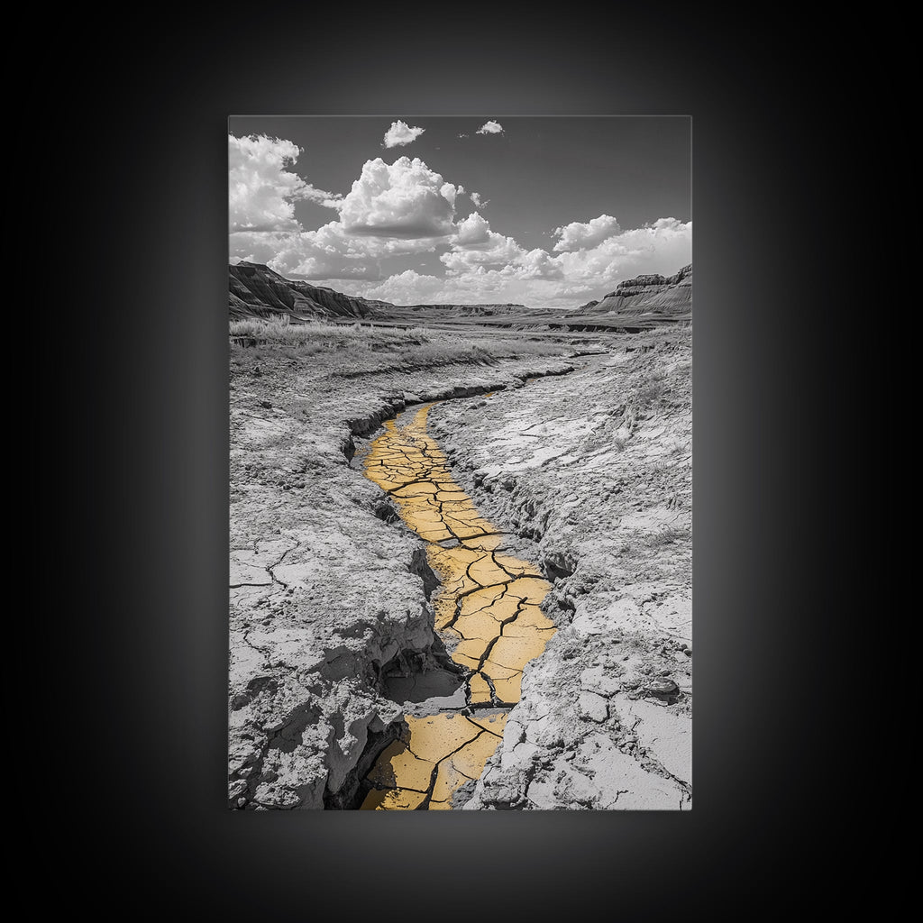Desert Riverbed, Yellow Crack Trail, Dry Earth Path, Framed Canvas Print, Southwestern Wall Art, Minimalist Nature Decor, Earth Tone Style