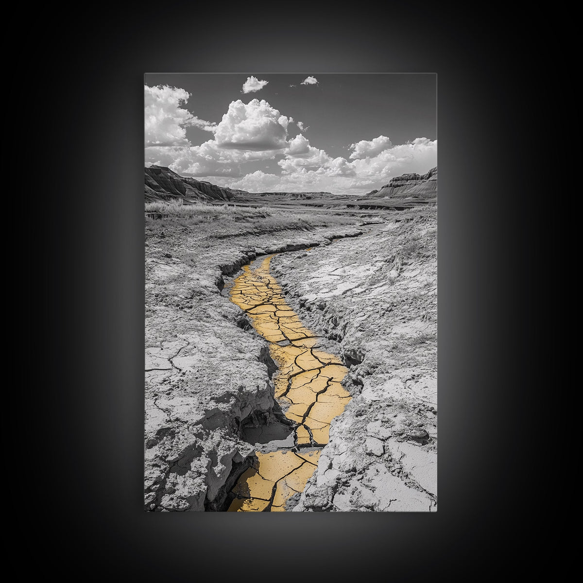 Desert Riverbed, Yellow Crack Trail, Dry Earth Path, Framed Canvas Print, Southwestern Wall Art, Minimalist Nature Decor, Earth Tone Style