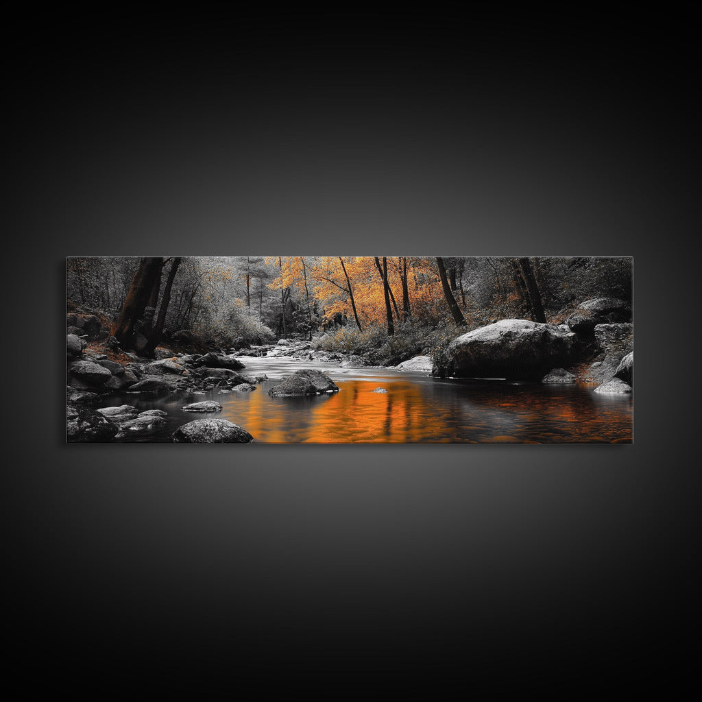 Autumn River Scene, Fall Forest Landscape, Tranquil Waters, Framed Canvas Print, Rustic Wall Art, Cabin Decor, Moody Photography