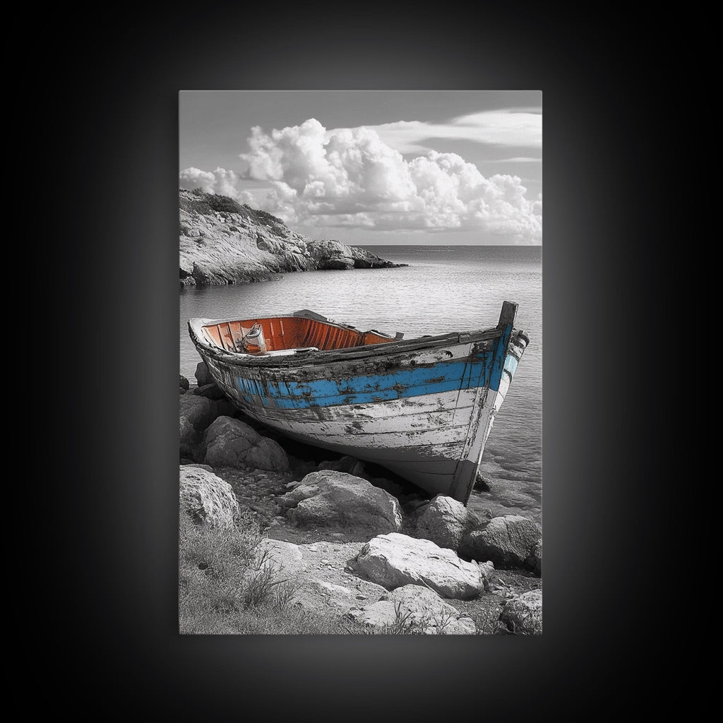 Rustic Boat Painting, Coastal Decor, Nautical Wall Art, Seascape Painting, Beach House Art, Gift Idea, Canvas Print, Wabi Sabi Art
