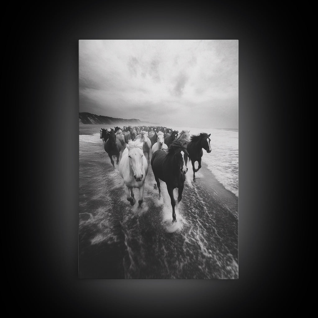 Horse wall art, wild mustangs, moody art, rustic decor, nature photography, black and white art, panoramic art, canvas print, living room art