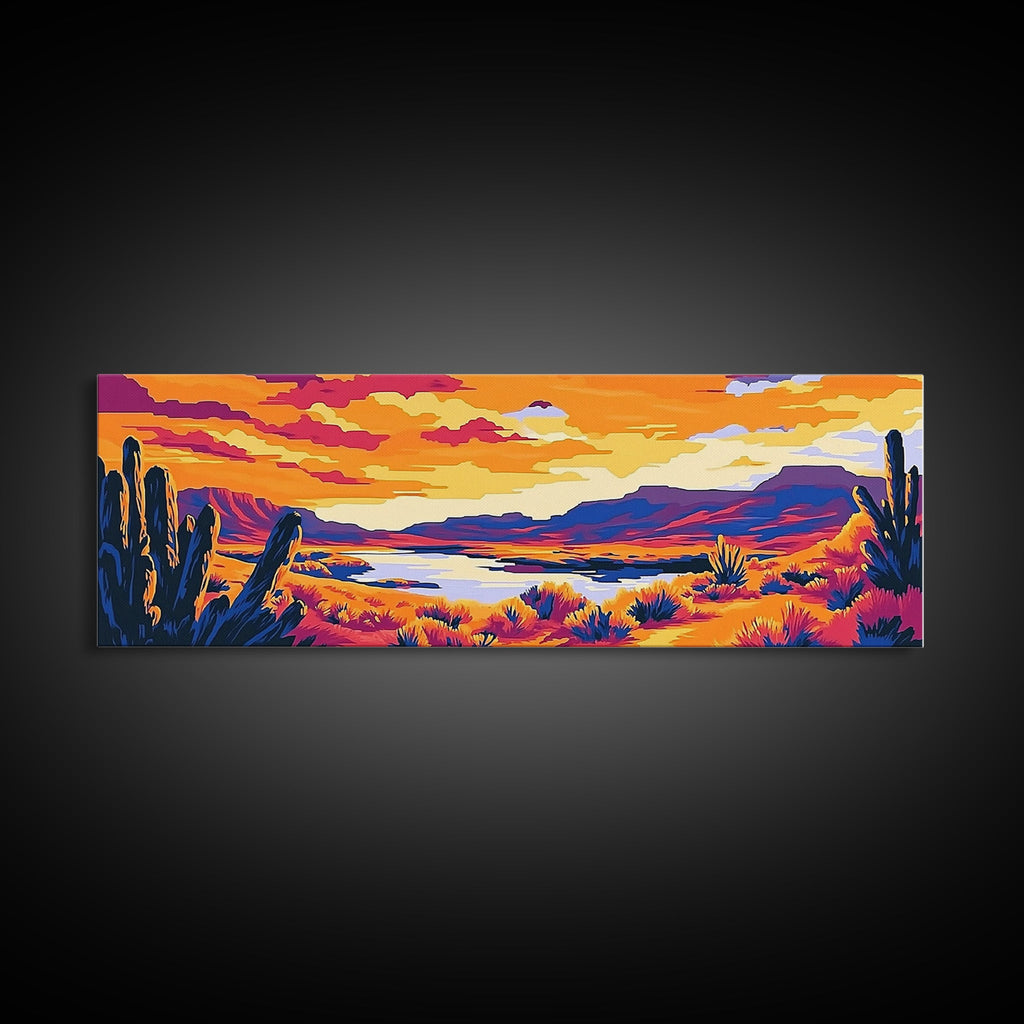 Desert Landscape Art, Joshua tree art, southwest wall art, extra wide art, panoramic painting, framed canvas print, rustic wall art, sunset painting