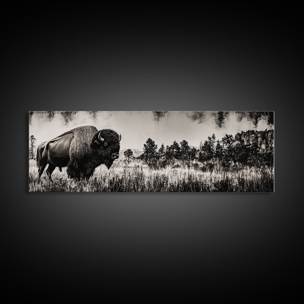 Bison landscape, black and white western painting, rustic decor, extra wide art, smoky mountain art, panoramic painting, framed canvas print