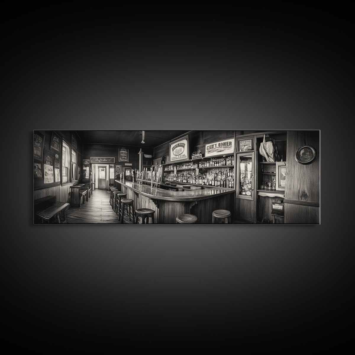 Western Saloon, rustic wall art, extra wide art, panoramic art, farmhouse art, bar decor, moody art, framed canvas print, above sofa art