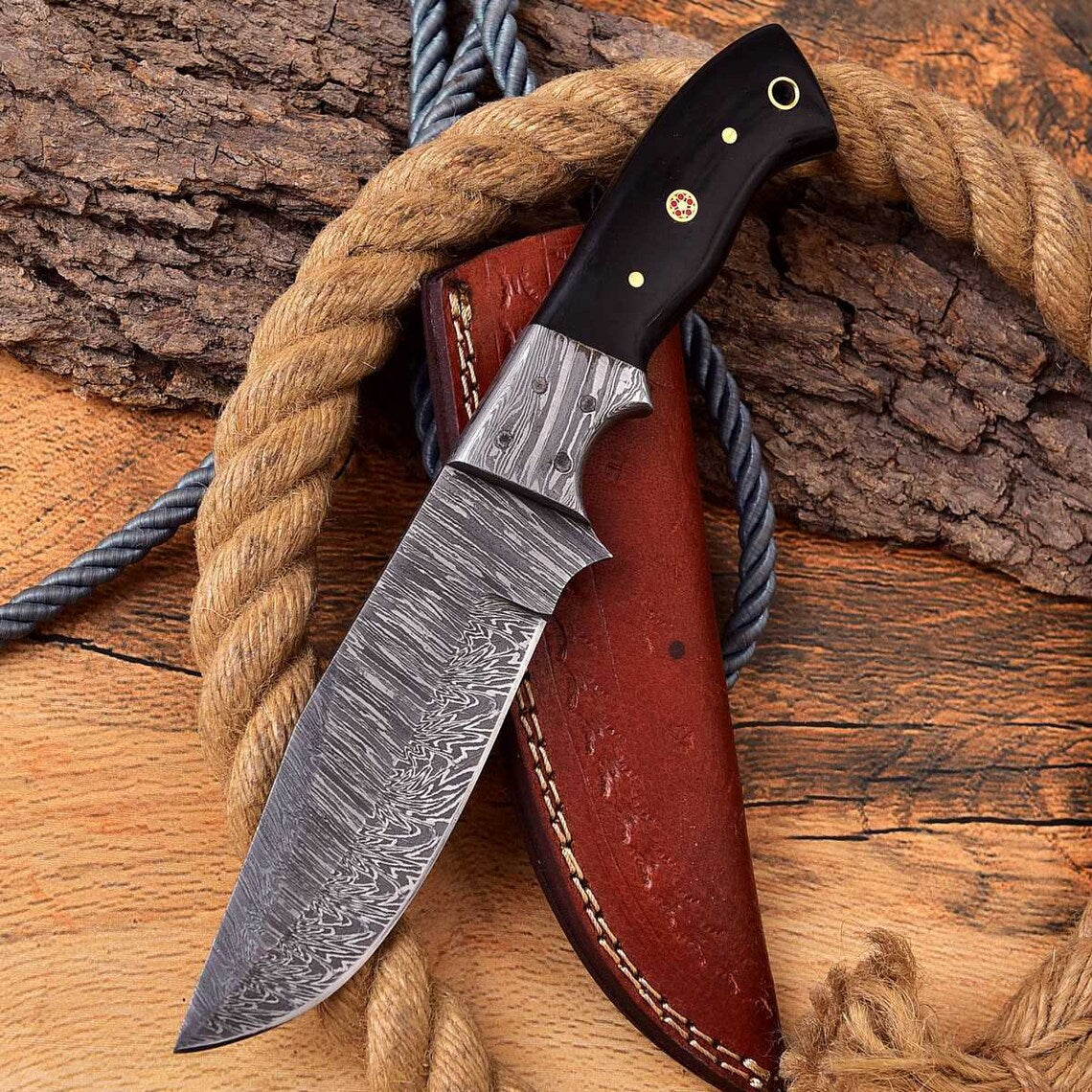 Ridgeback Ranger-Custom Handcrafted Damascus Steel Hunting Knife with Buffalo Horn Handle and Damascus Bolster
