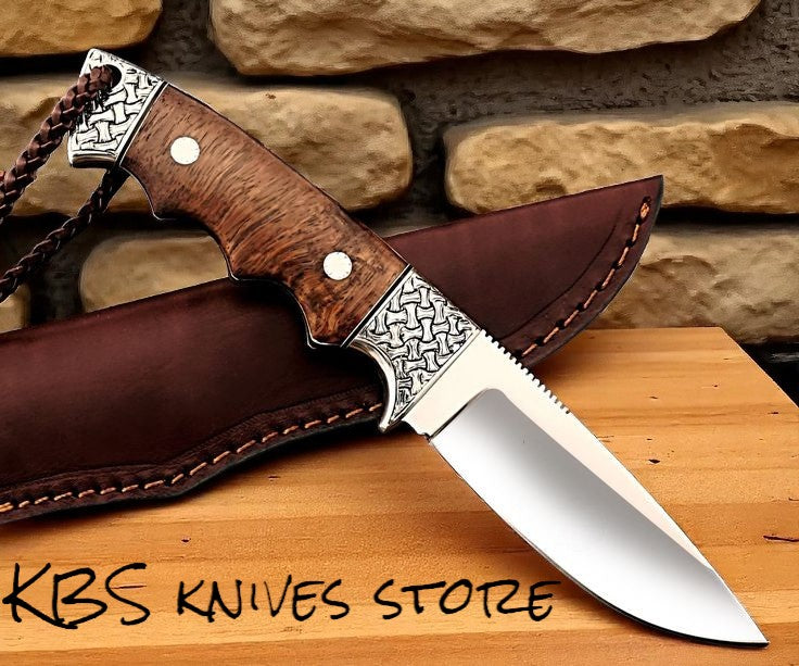 Hunting Skinning Knife – 9" D2 Steel Blade with Burl Rosewood Handle & Engraved Bolsters