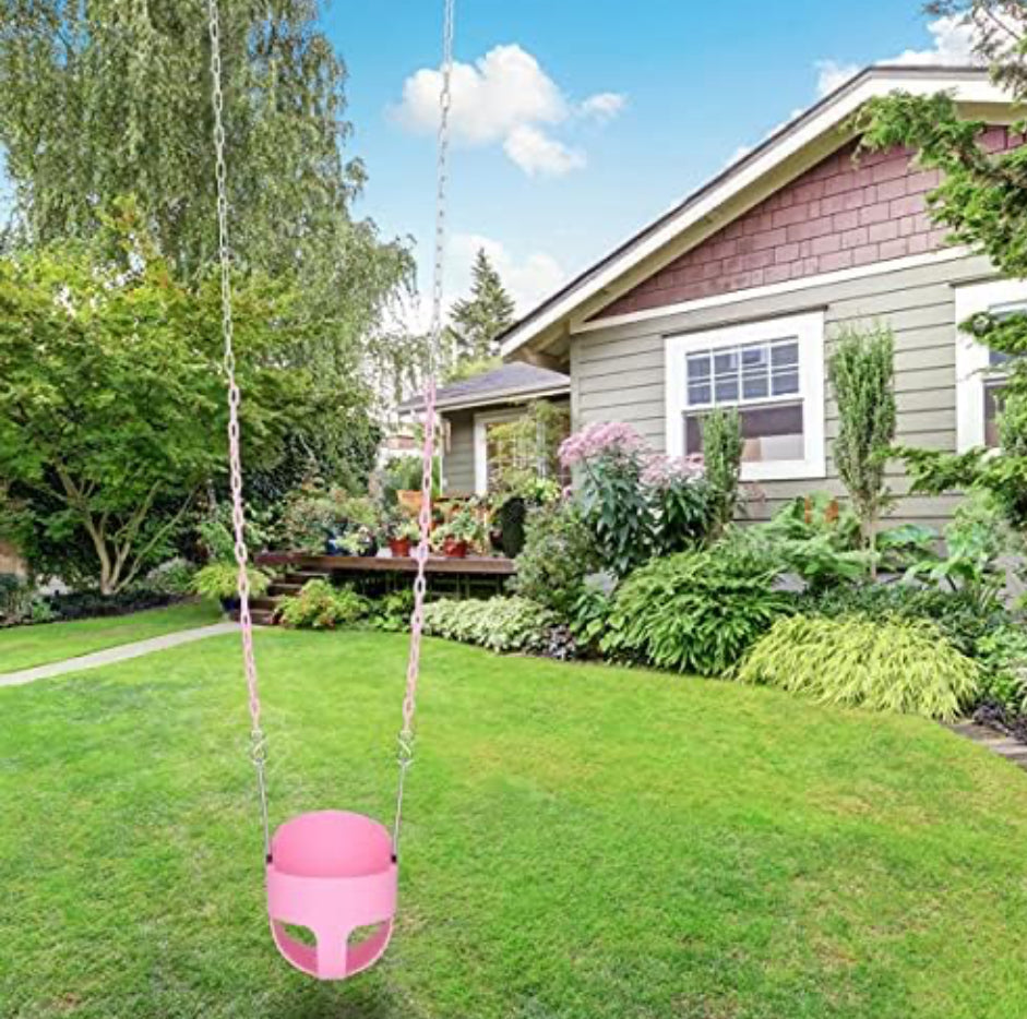 lvssiao Toddler High Back Full Bucket Swing Seat, Toddler Swing Seat with Heavy Duty Plastic Coated Chain + Snap Hooks + Tree Hanging Straps Kids Swing Set Accessories (Pink)