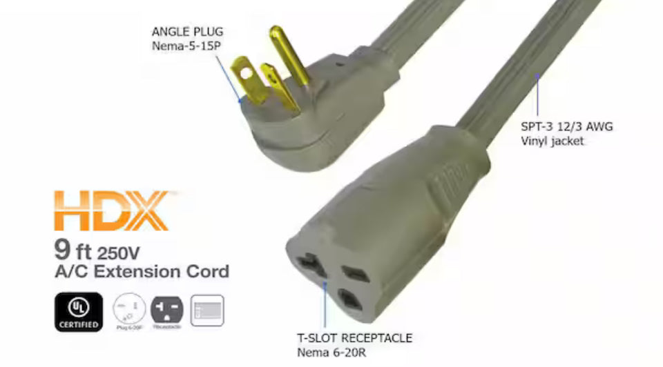 HDX 9 ft. 12/3 20 Amp 250-Volt Air Conditioner Extension Cord, Grey