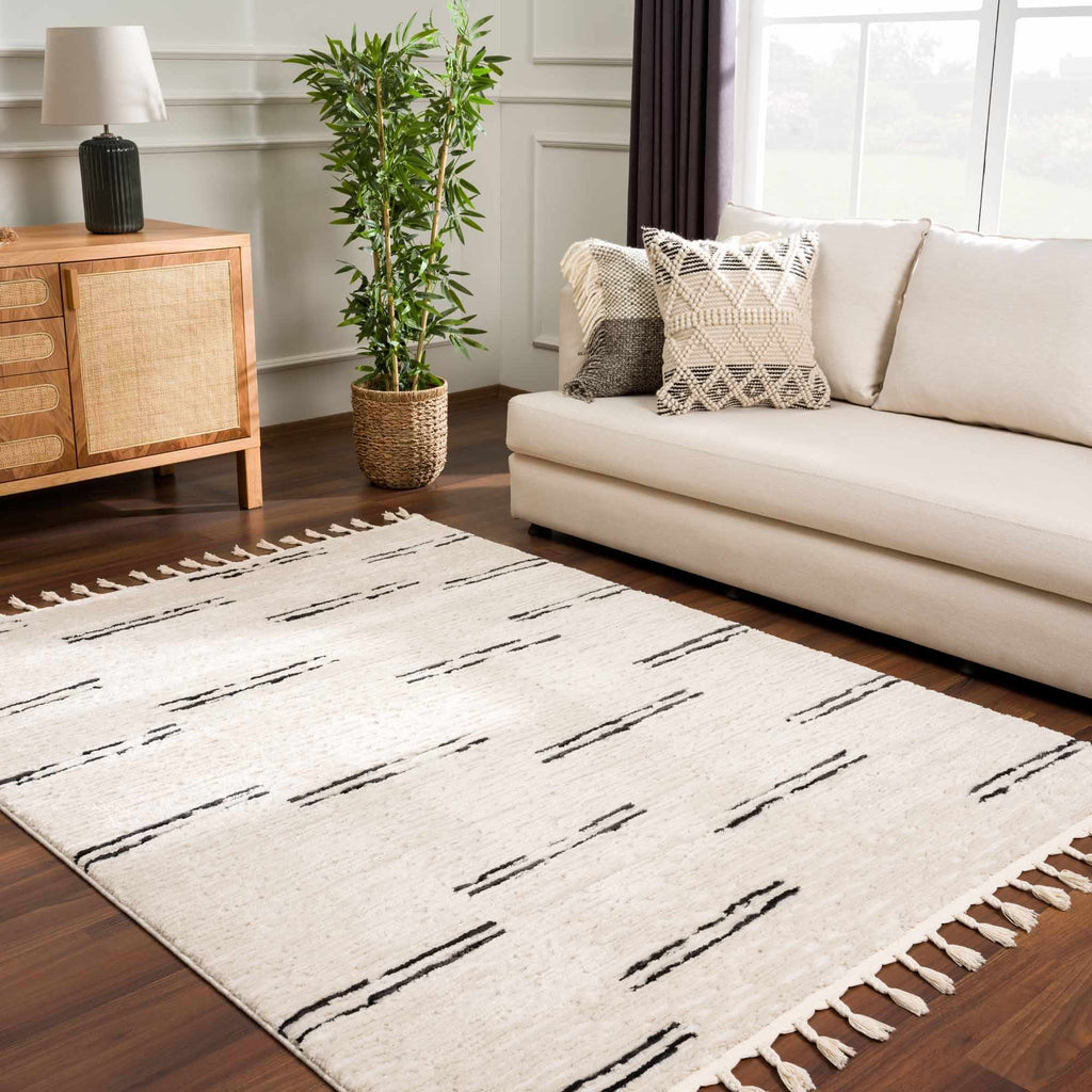 Riad Black Striped White Rug with Tassels