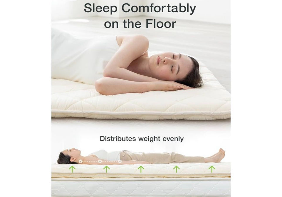 FULI Japanese Futon Mattress, Japanese Floor Mattress, Floor Bed, Tatami Foldable Bed, Roll Up Sleeping Pad, Shikibuton, Made in Japan (White, Twin)