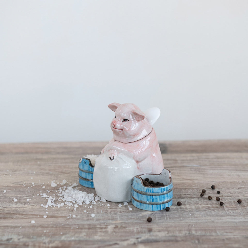 Vintage-Inspired Stoneware Pig Mustard Pot with 3 Sections & Spoon