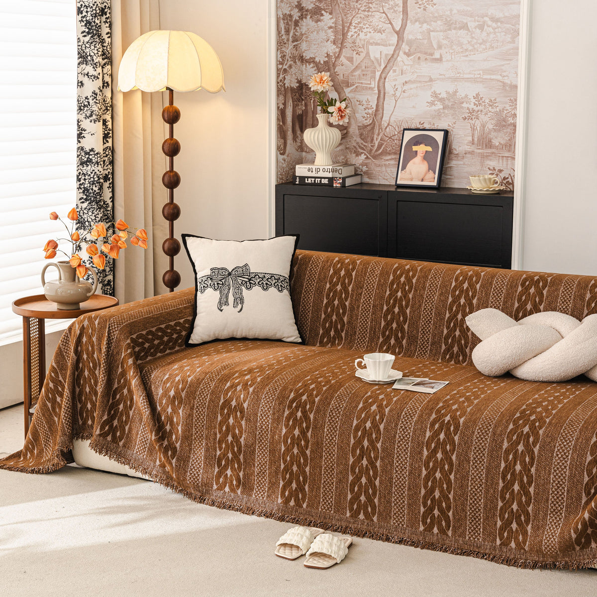 Sofa Cover Blanket Throw with Tassels, Decorative Furniture Protector for Dogs/Pets