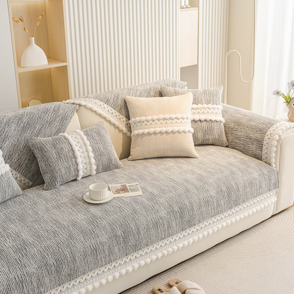 Soft Chenille Sectional Sofa Cover with Pom Pom Trim – Non-Slip Couch Protector