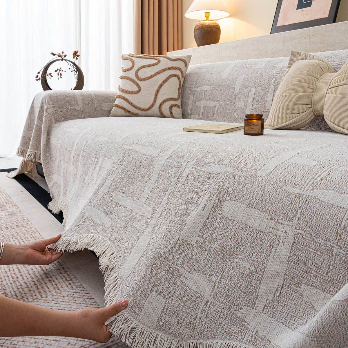 Chenille Sofa Cover Throw Blanket, Woven Textured Minimalist Wabi-Sabi Couch Cover