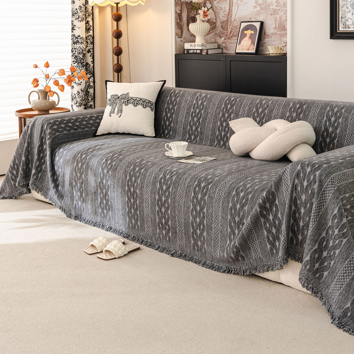 Sofa Cover Blanket Throw with Tassels, Decorative Furniture Protector for Dogs/Pets