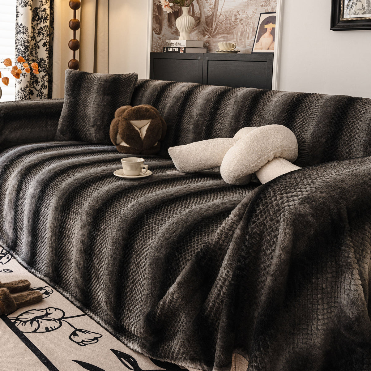 Faux Fur Sofa Cover Washable Furniture Protector for Sectional Warm & Fuzzy Slipcover