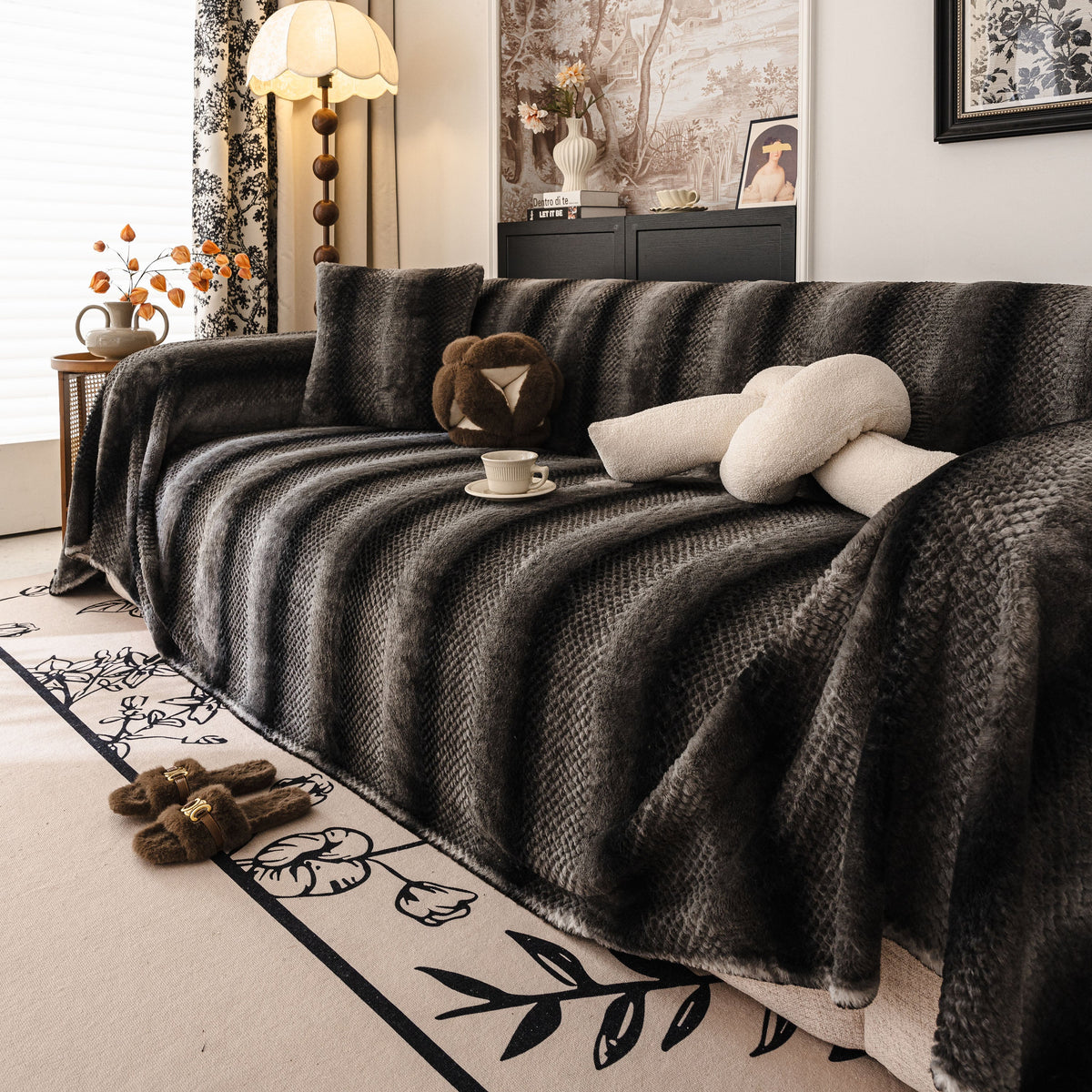 Faux Fur Sofa Cover Washable Furniture Protector for Sectional Warm & Fuzzy Slipcover