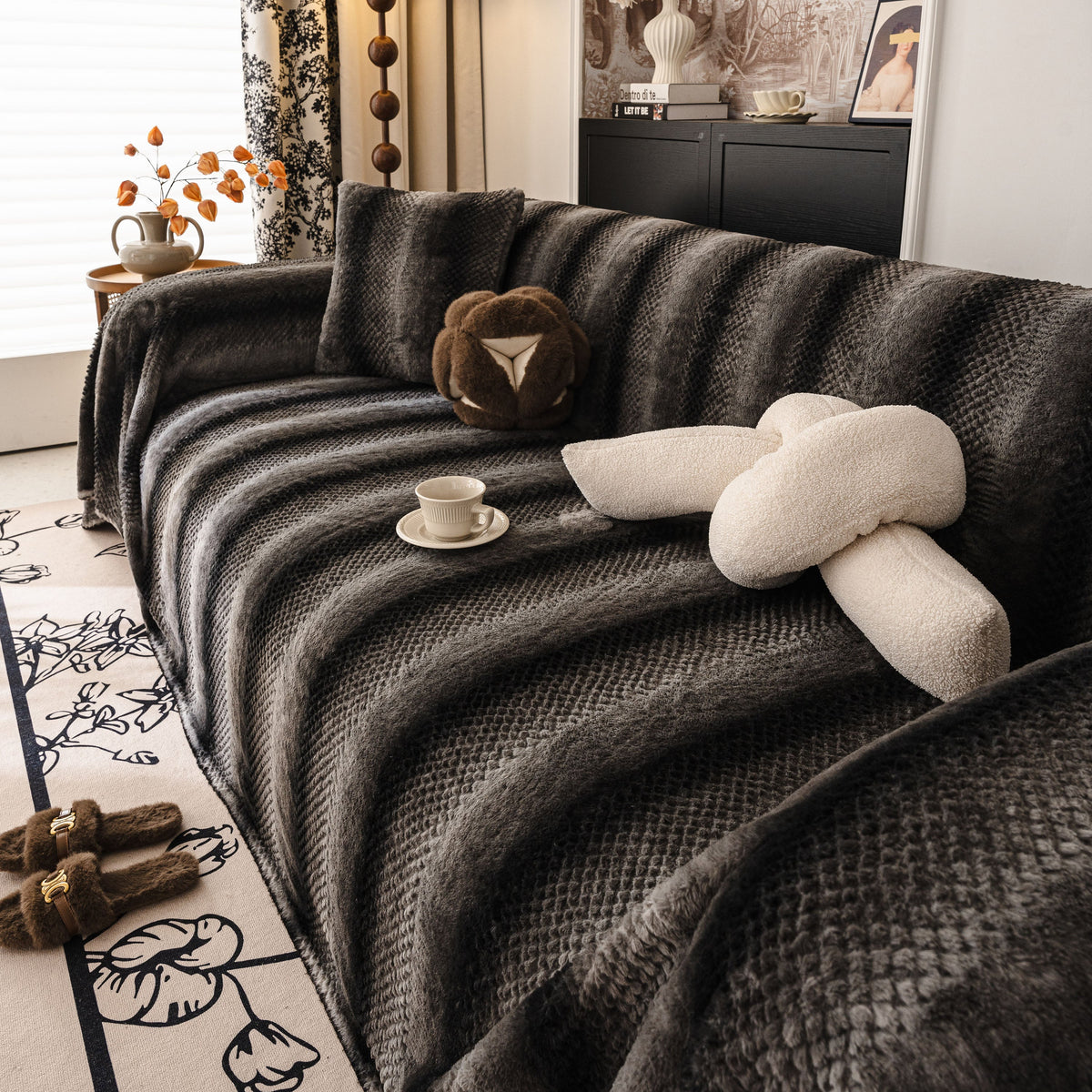 Faux Fur Sofa Cover Washable Furniture Protector for Sectional Warm & Fuzzy Slipcover