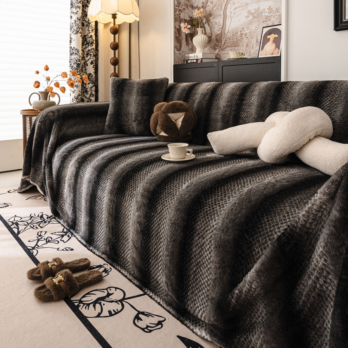 Faux Fur Sofa Cover Washable Furniture Protector for Sectional Warm & Fuzzy Slipcover