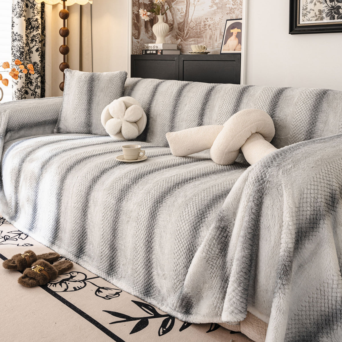 Faux Fur Sofa Cover Washable Furniture Protector for Sectional Warm & Fuzzy Slipcover