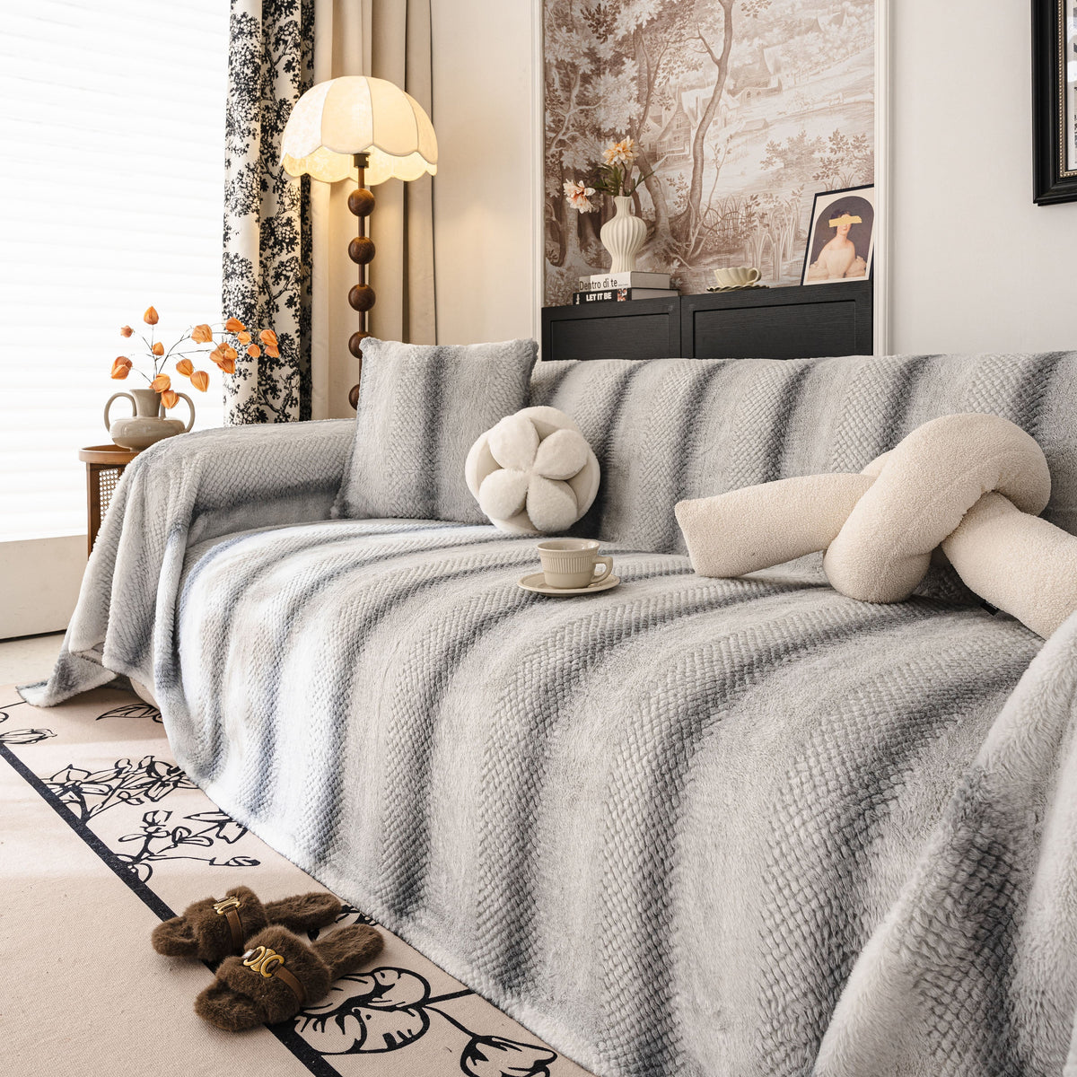 Faux Fur Sofa Cover Washable Furniture Protector for Sectional Warm & Fuzzy Slipcover