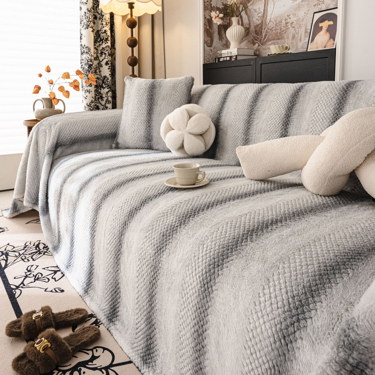 Faux Fur Sofa Cover Washable Furniture Protector for Sectional Warm & Fuzzy Slipcover
