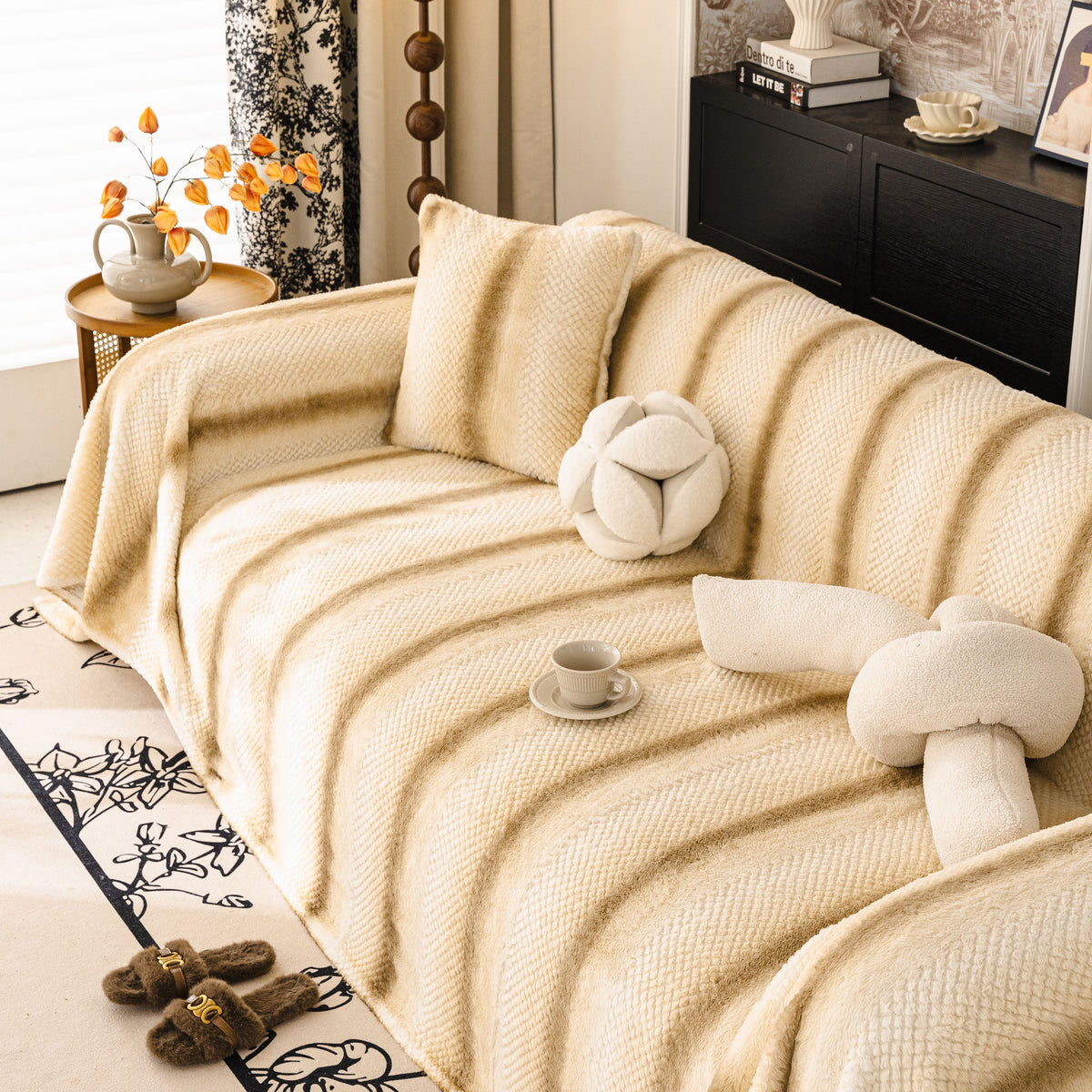 Faux Fur Sofa Cover Washable Furniture Protector for Sectional Warm & Fuzzy Slipcover