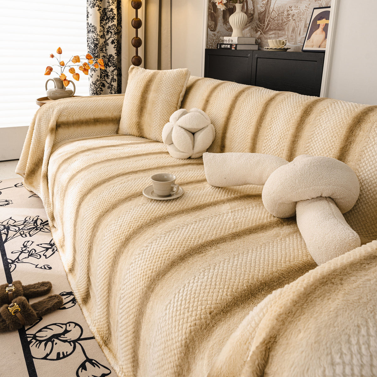 Faux Fur Sofa Cover Washable Furniture Protector for Sectional Warm & Fuzzy Slipcover