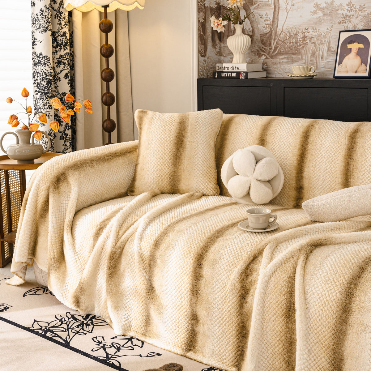 Faux Fur Sofa Cover Washable Furniture Protector for Sectional Warm & Fuzzy Slipcover