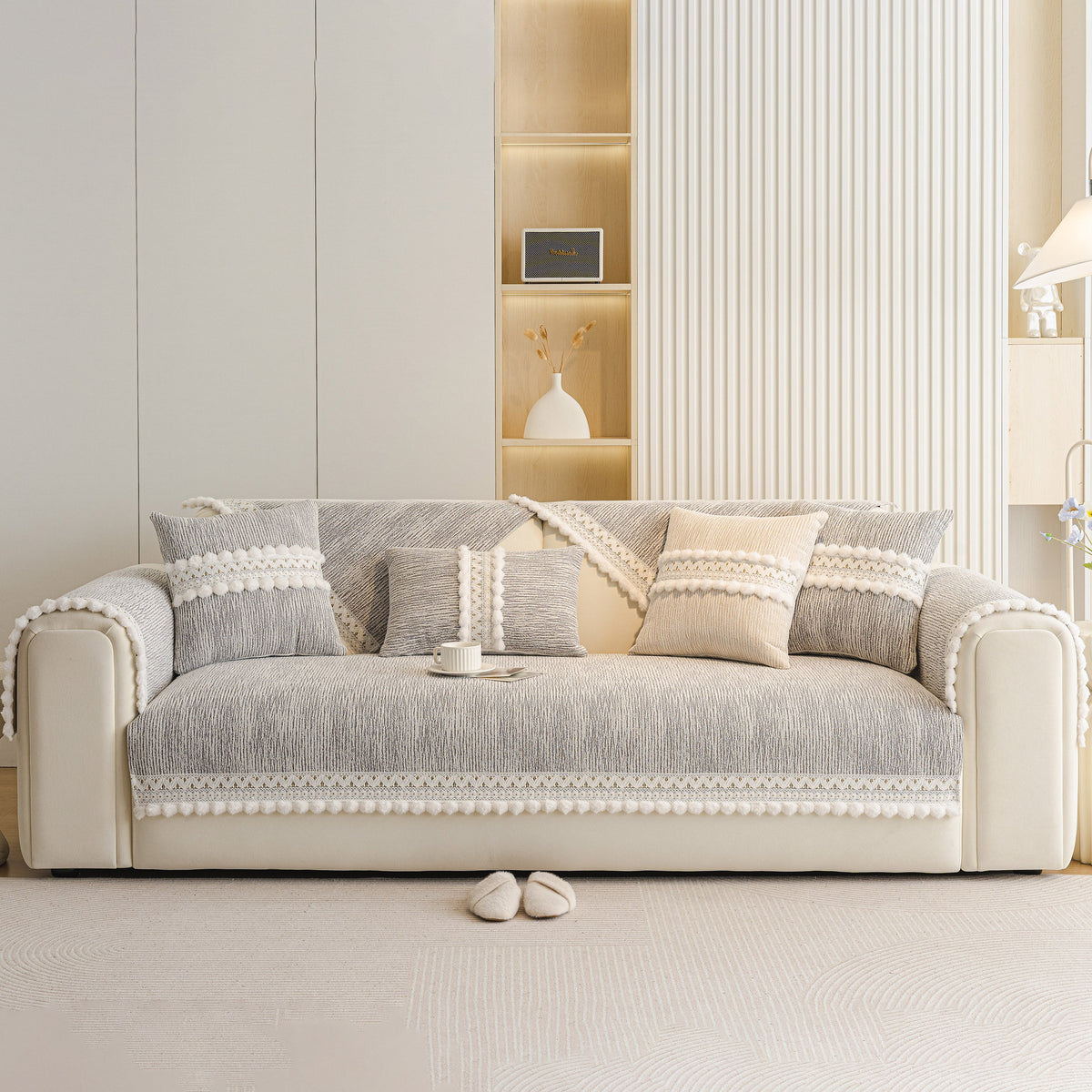 Soft Chenille Sectional Sofa Cover with Pom Pom Trim – Non-Slip Couch Protector