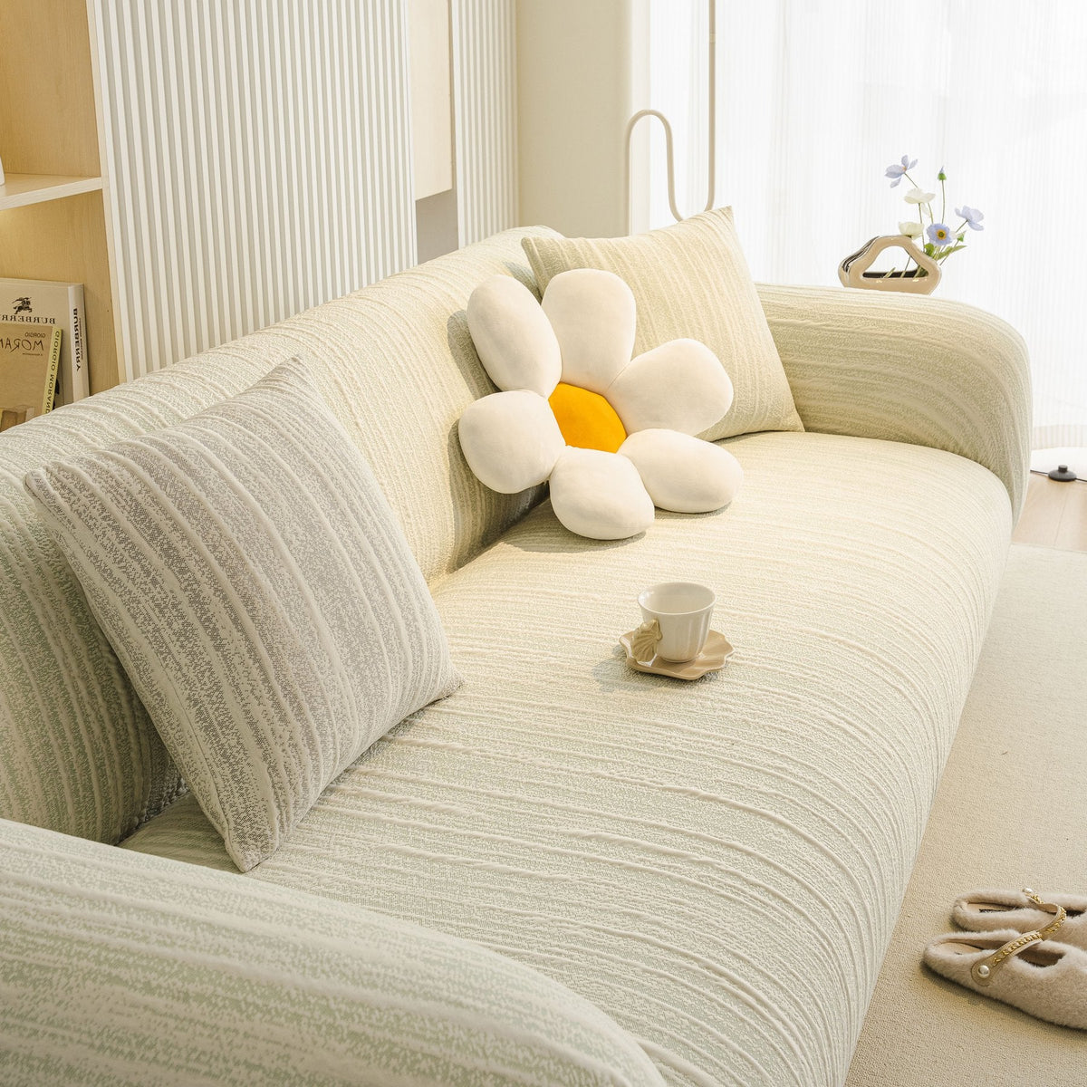 Ribbed Washable Sofa Cover, High Stretch Striped Couch Slipcover with Tie Straps