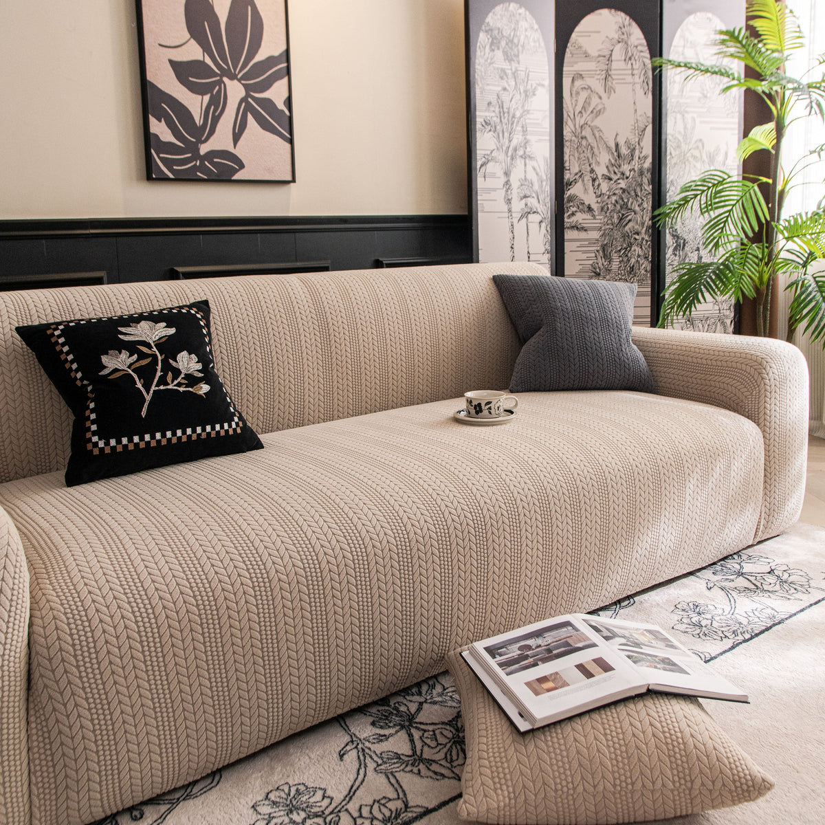 High Stretch Wheat Ear Embossed Textured Couch Slipcover, Water Repellent Sofa Cover