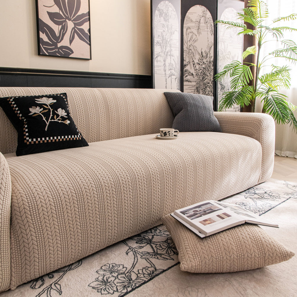High Stretch Wheat Ear Embossed Textured Couch Slipcover, Water Repellent Sofa Cover