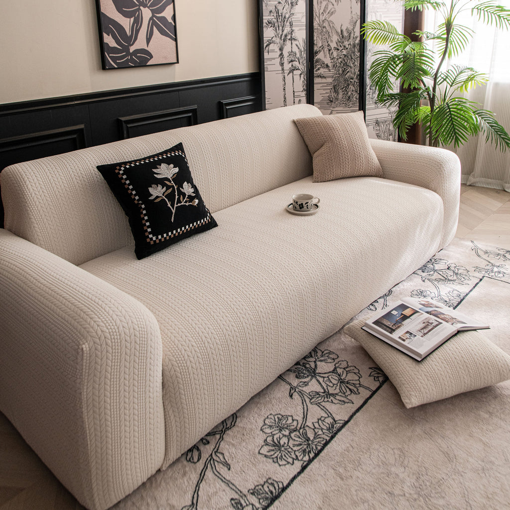 High Stretch Wheat Ear Embossed Textured Couch Slipcover, Water Repellent Sofa Cover