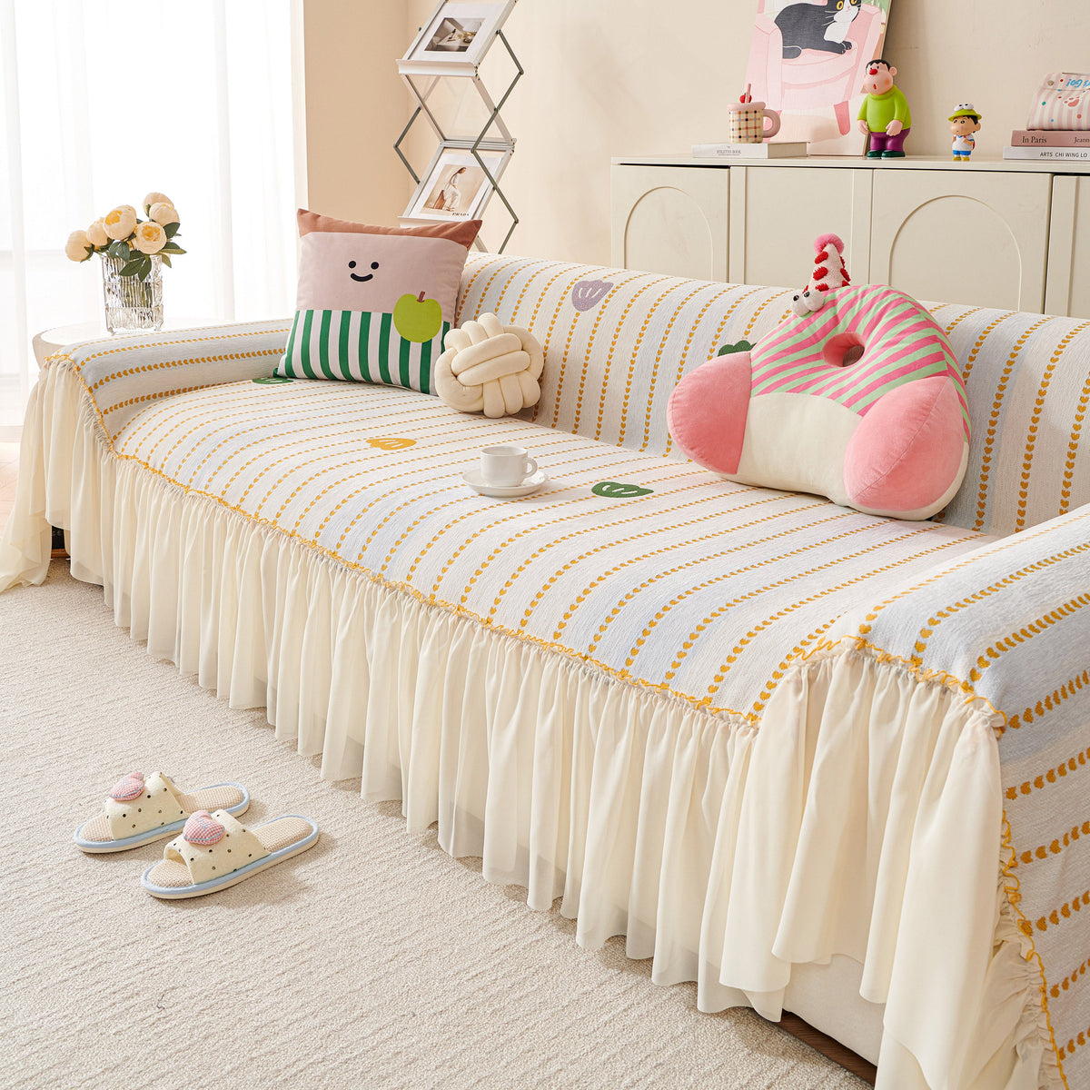 Cute Dotted Stripe Couch Protector, Non-Slip Washable Sofa Cover with Ruffled Skirt